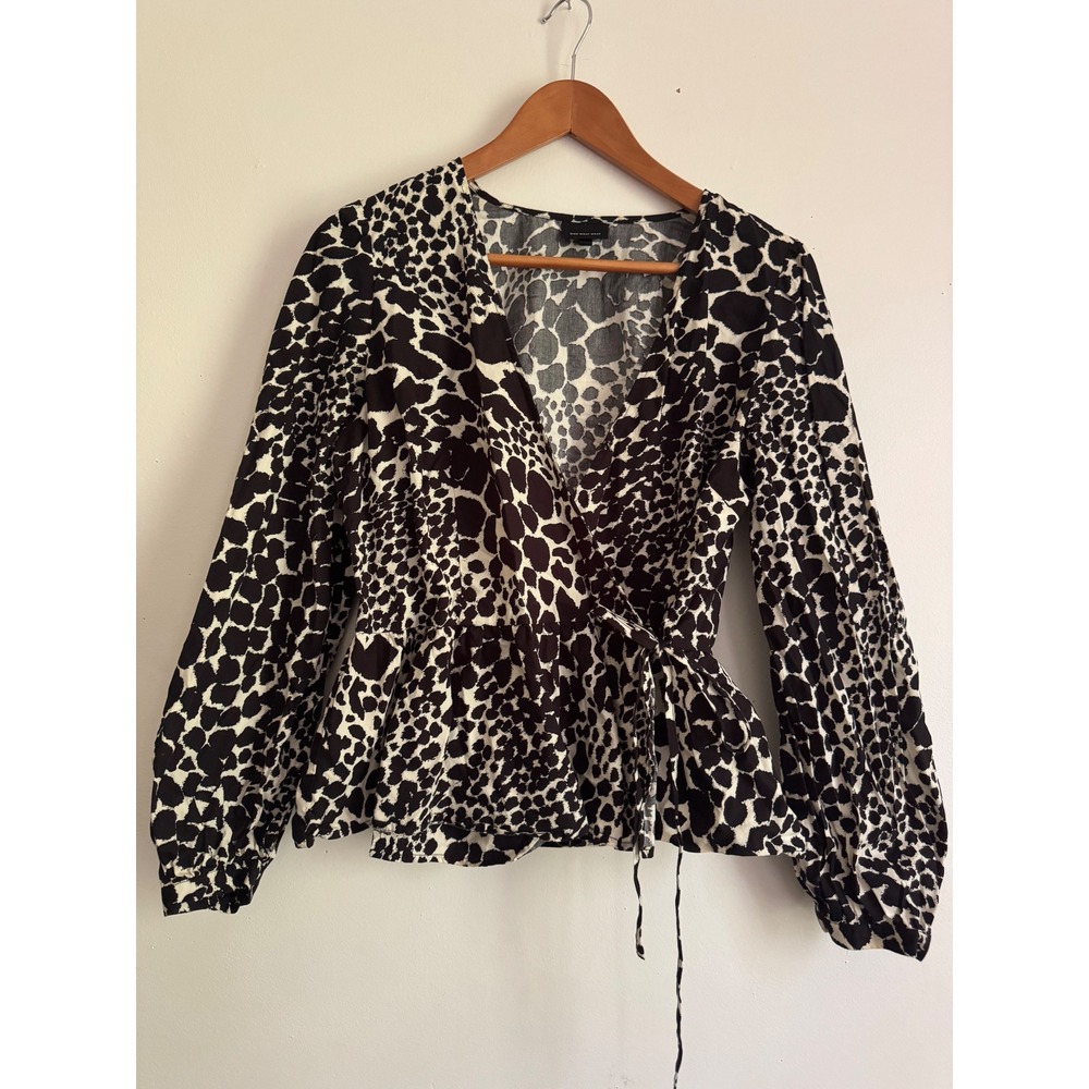 Who What Wear Animal Print Wrap Top Balloon Sleeve Peplum Black White Medium